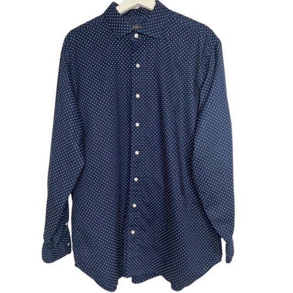 Polo Ralph Lauren Stretch Long Sleeve Navy Polka Dress Shirt Size‎ 1XB - Picture 1 of 7